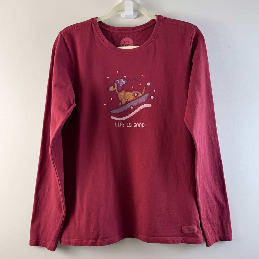 Life is Good Crusher Tee Dog Sled Winter Snow Medium Classic Long Sleeve Red